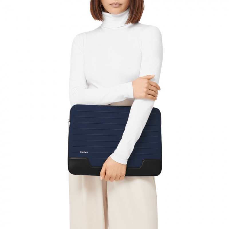 Rimowa Flache Pouch in Leder & Canvas Beuteltasche Navy Blau Sale Deutschland TCRAN-9058